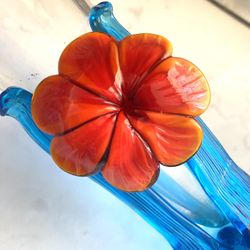Hand Blown Hibiscus Orange Flower Botanical Clear Ruffled Edge Art Glass Vase  Hand blown fused art glass ruffled edge vase / Blue Base  Applied Blue 