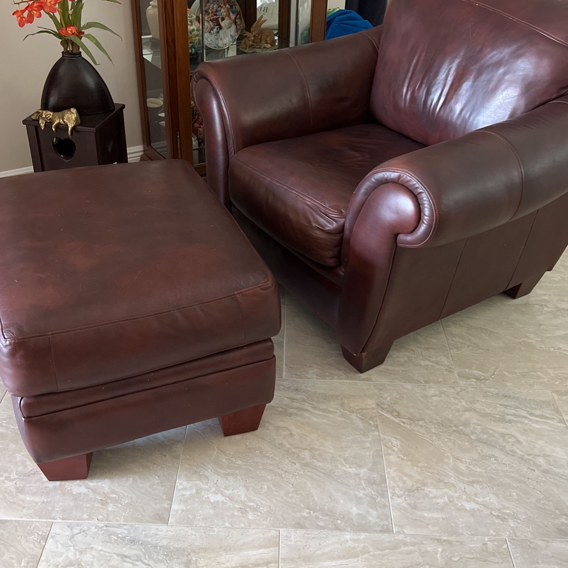 Brown Leather Chair And Ottoman