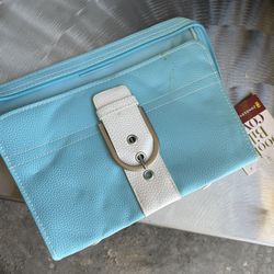 $5 book cover with zipper card holders, penholder turquoise blue white teal rather like