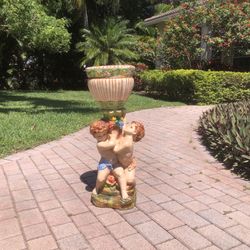 Vintage Mid Century Hand Painted Heavy Plaster Cherub Statue With Planter Pot 