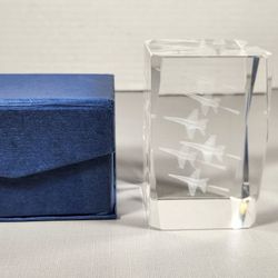 Vintage Blue Angels 3D Laser Etched Crystal Glass Cube Paperweight 3”x2”x2”