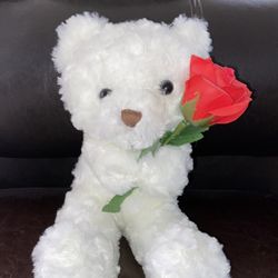 8” Valentines Day Gift White Teddy Bear W/ Red Rose Stuffed Plush Animal Fuzzy Furry
