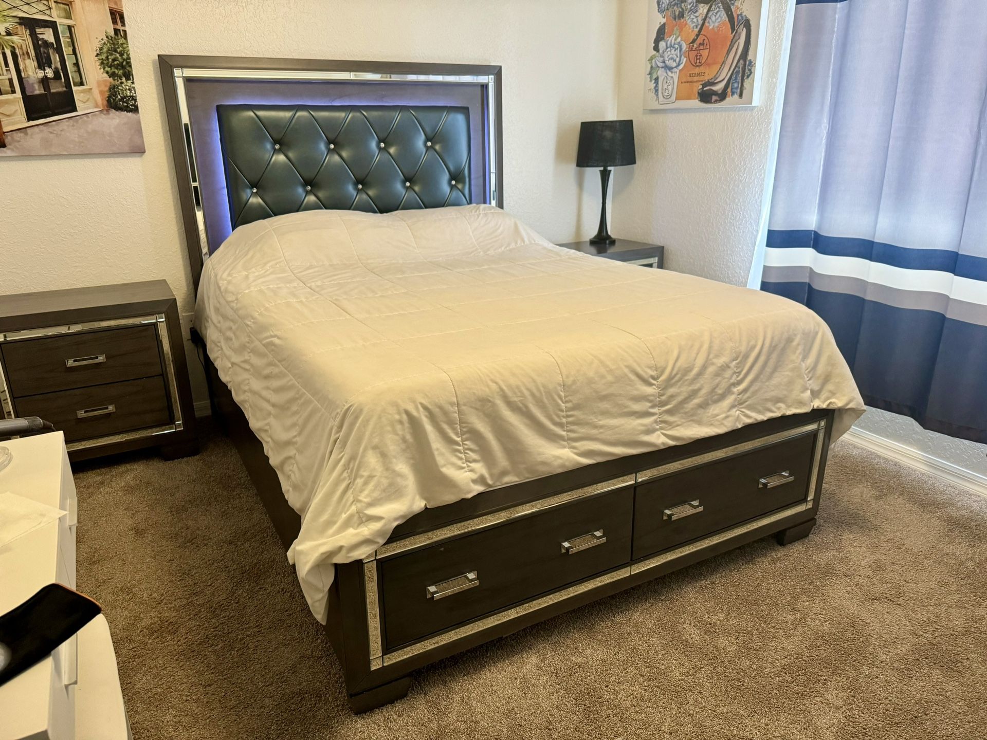 QUEEN BED FRAME, BRAND NEW QUEEN NECTAR MATTRESS, TWO SIDE TABLE NIGHTSTANDS