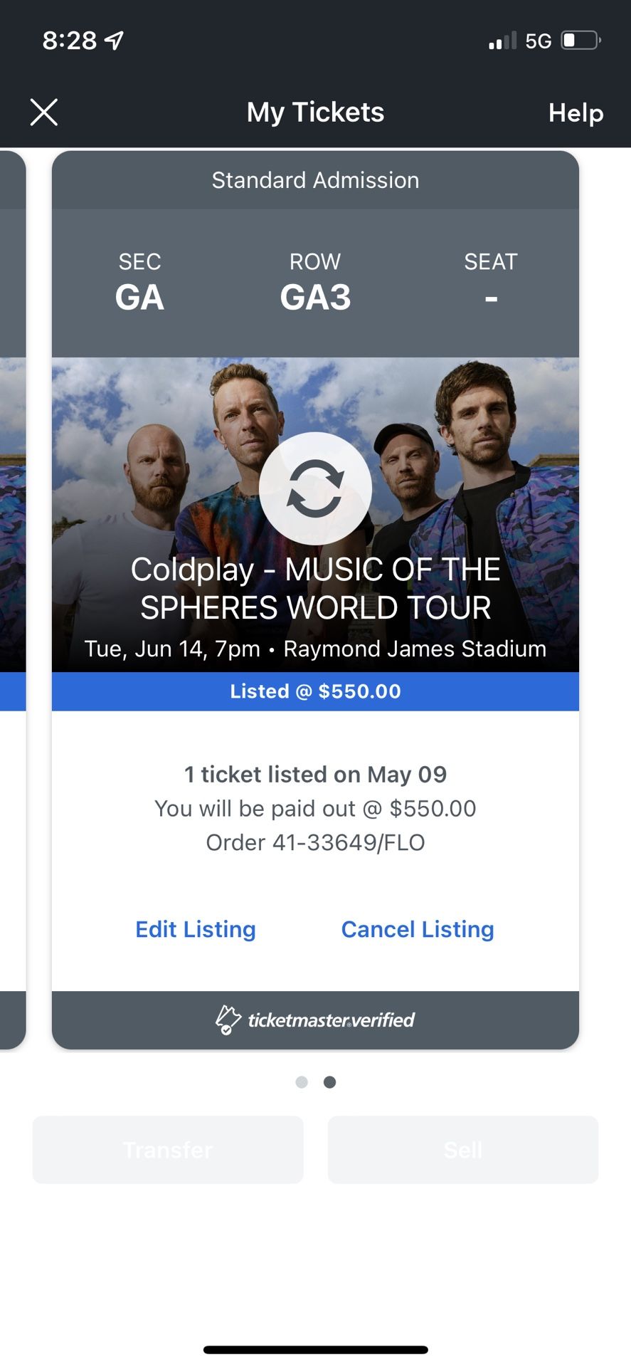 2 Floor Tickets To Coldplay In Tampa June 14th