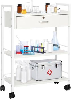 biosp Salon Trolley Cart, 3 Tier Trolley on Wheels, Wooden Medical Dental Aesthetic Mobile Utility Cabinet with Steel Frame, White Rolling Storage Sta