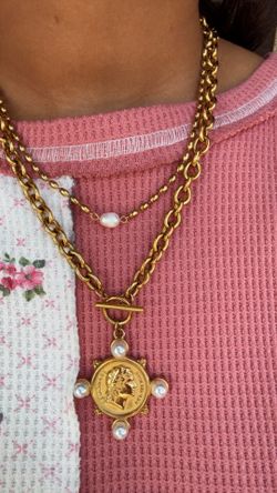 Gold Pearl Coin Necklace Stainless Steel