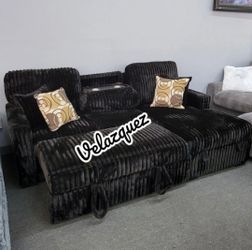 ✅️✅️2 pc Black fur like corduroy fabric sectional sofa with pop up sleep area and storage chaise drop down tray table USB ports✅️✅️