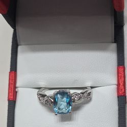 Sterling Silver Blue Gemstone Ring with CZ Accents – Size 7