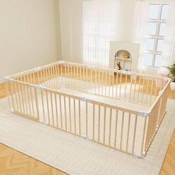 Baby playpen, 56 x 83 x 24inches, foldable wooden play yard with gate
