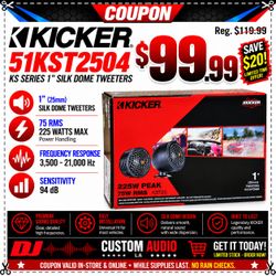 Kicker Car Tweeters 1 Inch Dome Tweeter Set 225 Watts KS Series Car Speakers KST250 51KST2504