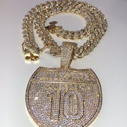 Men's Iced Out Created Diamond 14k Gold Finish INTERSTATE 10 Pendant with Fully iced Out CUBAN Chain.