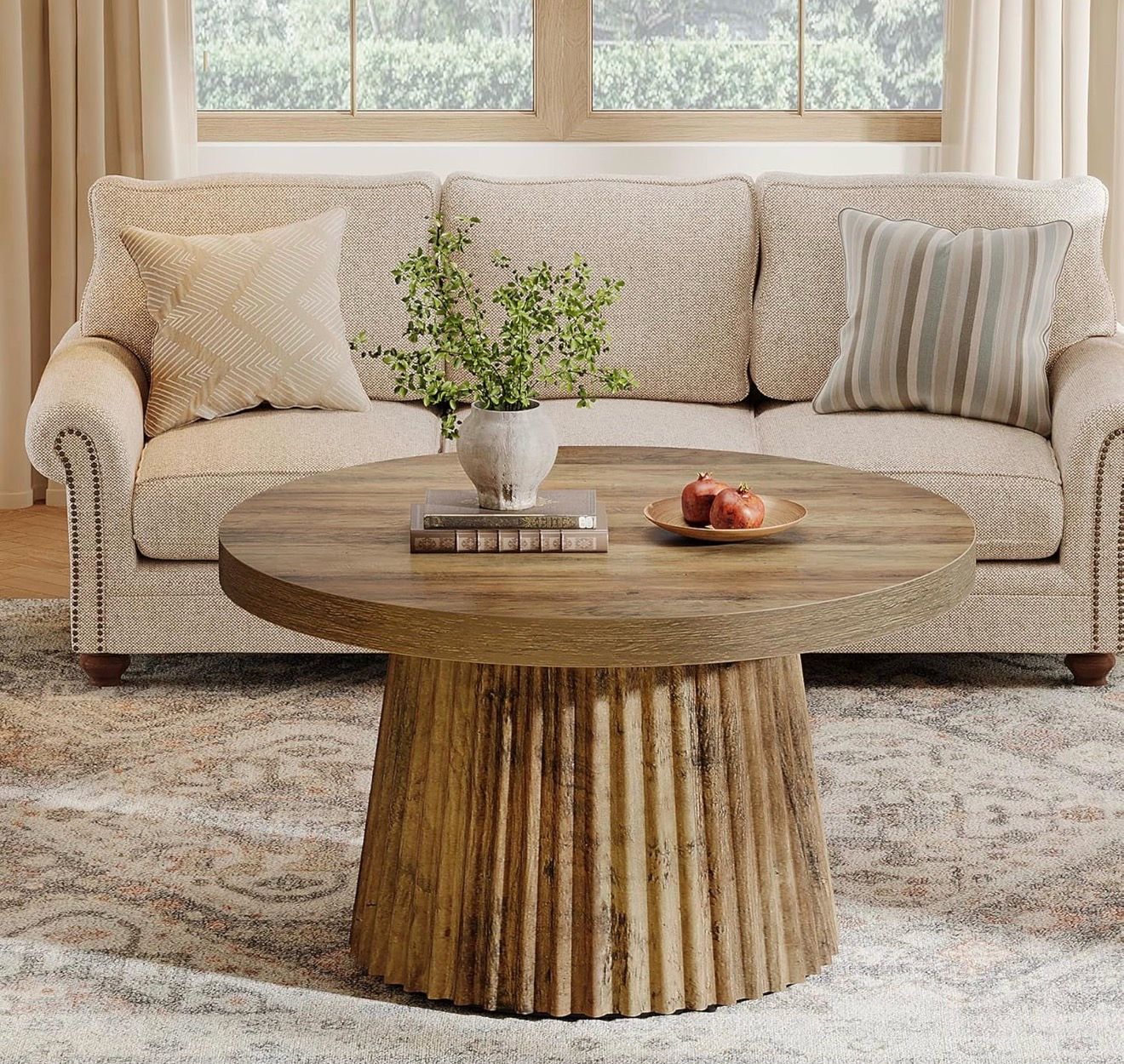 Tribesigns Coffee Table, 31.5" Small Farmhouse Round Coffee Tables with Fluted Drum Base, Mid Century Modern Boho Accent Center Table for Living Room,