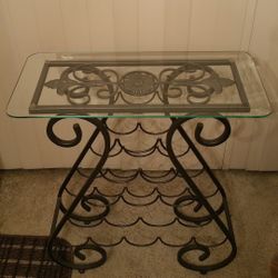 LARGE (28"H x 19.75"L x 7.75"W) WROUGHT-IRON WINE RACK - price WITH HEAVY GLASS TOP is firm as posted (pls see details herein).