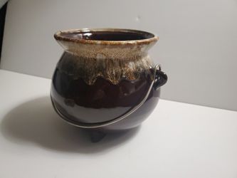 Vintage Pottery Brown Drip Glaze Bean Pot Kettle Cauldron With Wire Handle