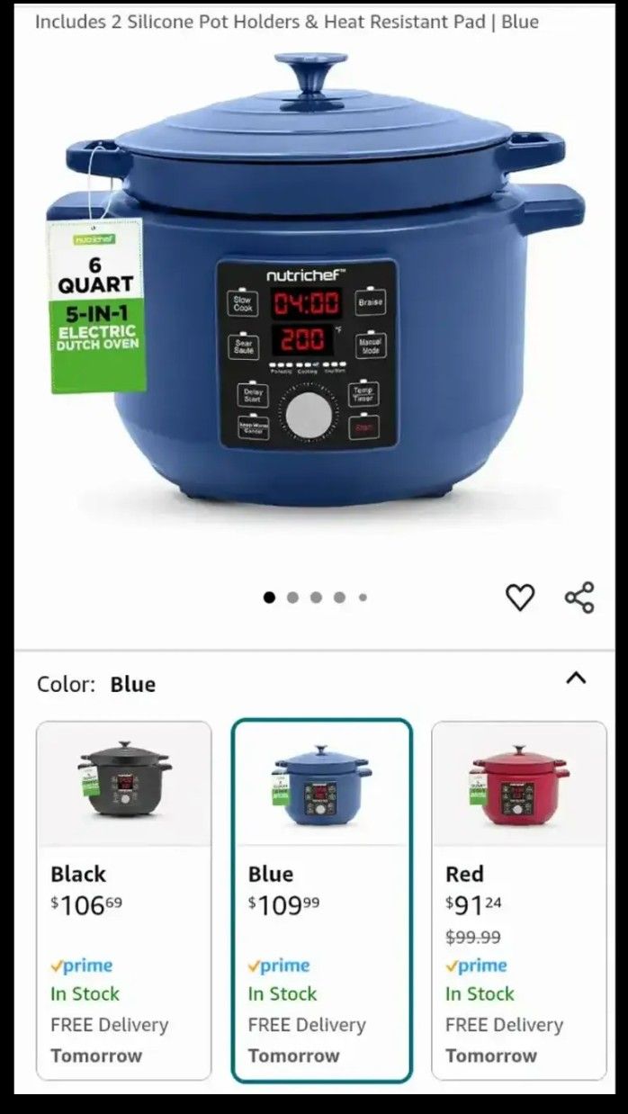 NutriChef
6 Quart Electric Dutch Oven | 1500W 5-in-1 Enamel Coated Cast Iron Pot with Stainless Steel Lid | Precise Temperature Control | Includes 2 S