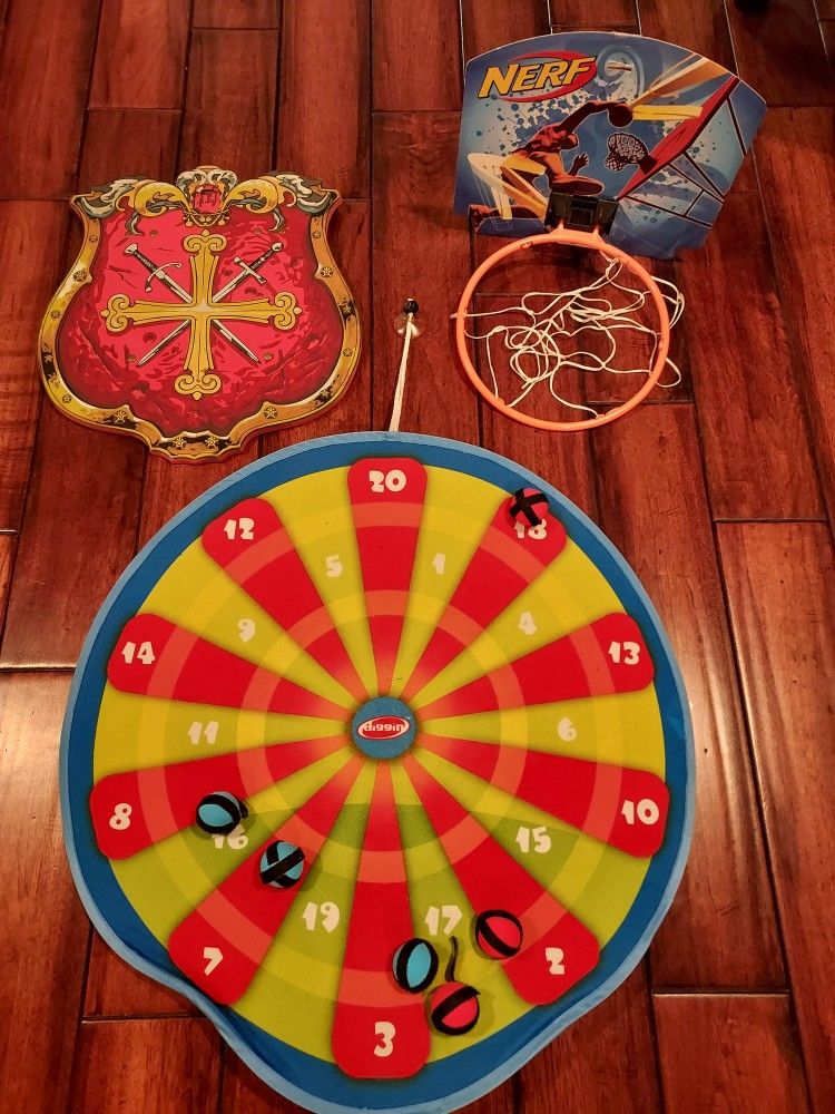 3 Boy Toys: Dart Board, A Shield, Mini Basketball Hoop