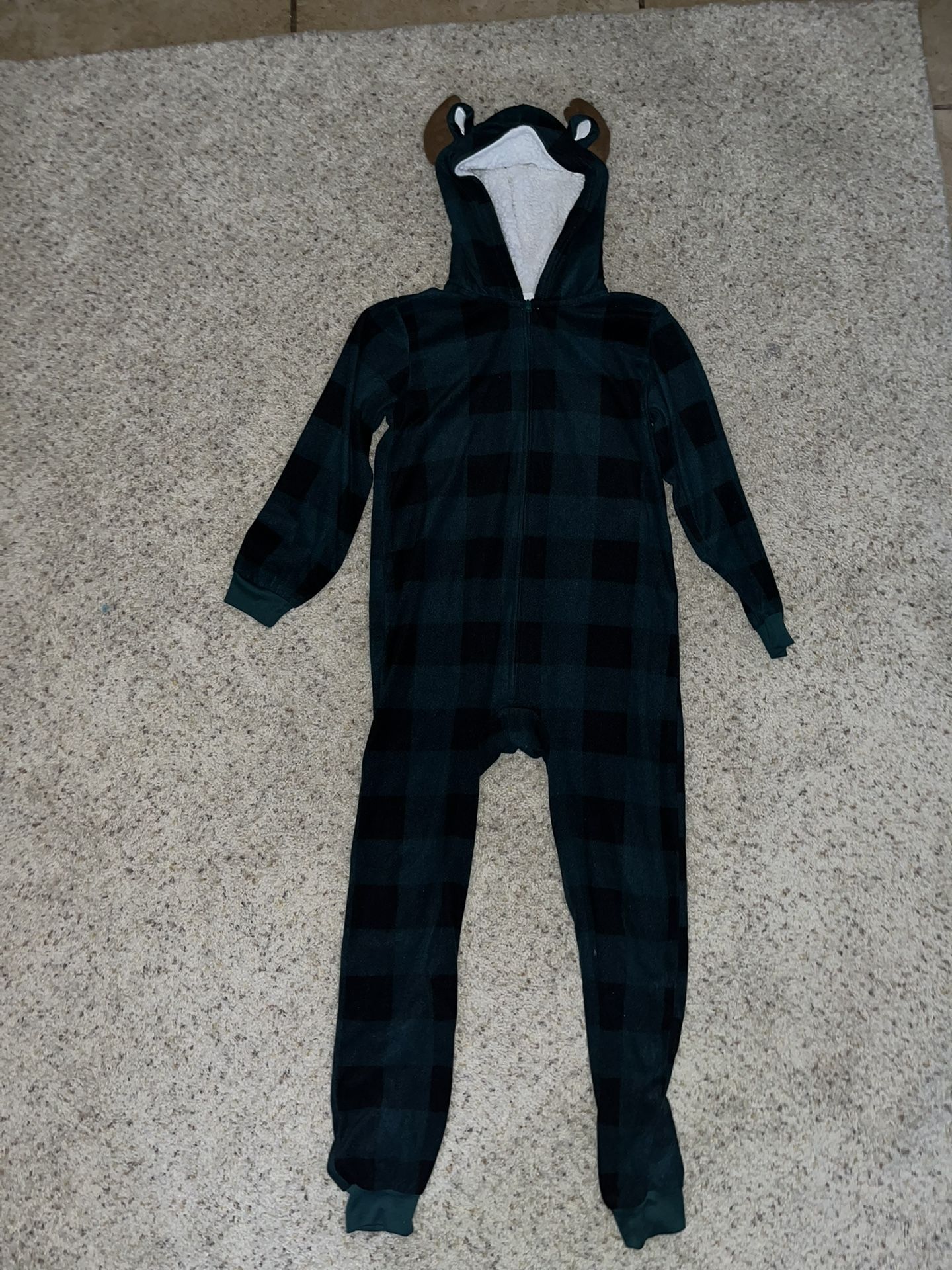 Boys Christmas Reindeer Onsie Fleece Pajamas Sherpa Lining Size 10/12