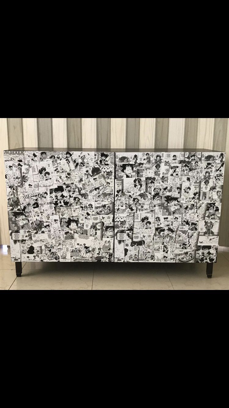 CUSTOMIZED CABINET, WITH ANIME DECOUPAGE TECHNIQUE ON THE DOORS (47”W /30” H / 16.5” D)
