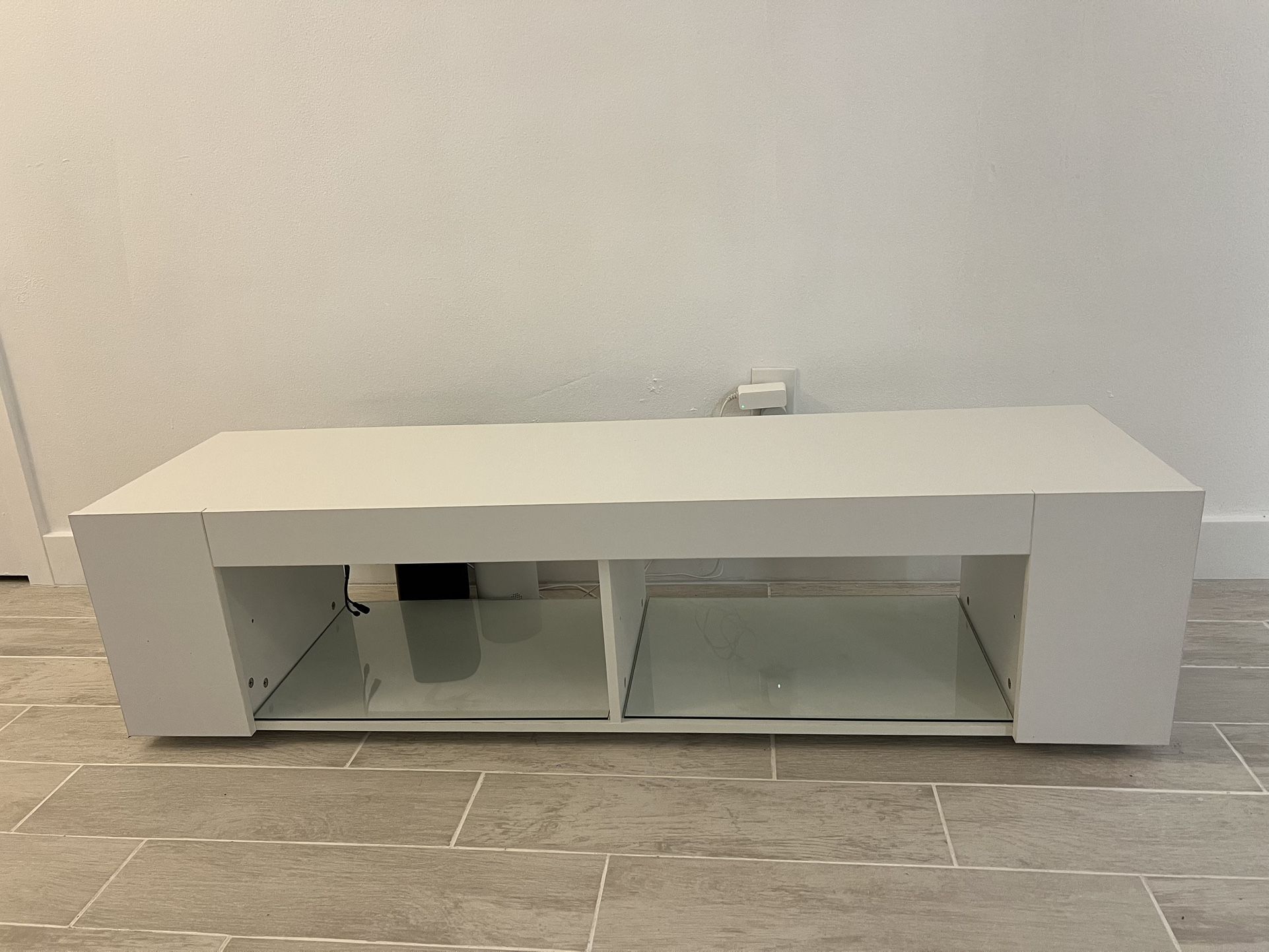 Modern White TV Stand with Glass Shelves