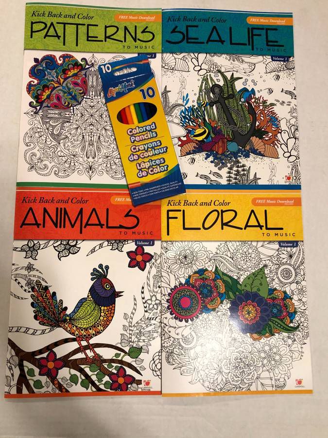4 Kick Back & Color to Music adult coloring books