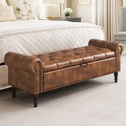 LUE BONA Midcentury Brown/Faux leather Faux leather Storage Ottoman