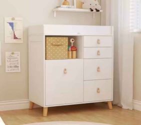 FUFU&GAGA White 5-Drawer 33.5 in. Width Wooden Stylish Kids Low Dresser, Chest of Drawers, Storage Cabinet with Open Shelf