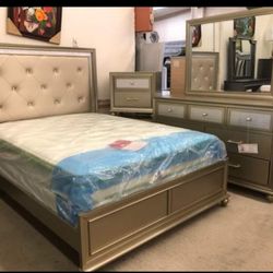 New/ Lila Champagne Upholstered Panel Bedroom Set/Dresser,Mirror,NightStand,bed//Queen,full,twin, King Size Available//Mattress Sold Separately