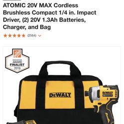 DEWALT ATOMIC 20V MAX Cordless Brushless Compact 1/4 in. Impact Driver, (2) 20V 1.3Ah Batteries, Charger, and Bag