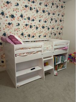 White Loft Bed w/ Storage + Color-Changing LED Lights – Twin Size