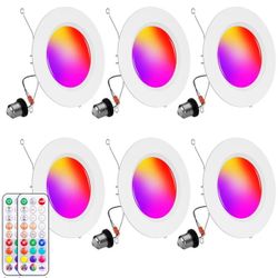 Recessed Lighting 5/6 Inch, 6Pack Color Changing LED Can Lights for Ceiling, 13W 1050LM Retrofit Recessed Lights with Baffle Trim, RGBCW Downlight Dim