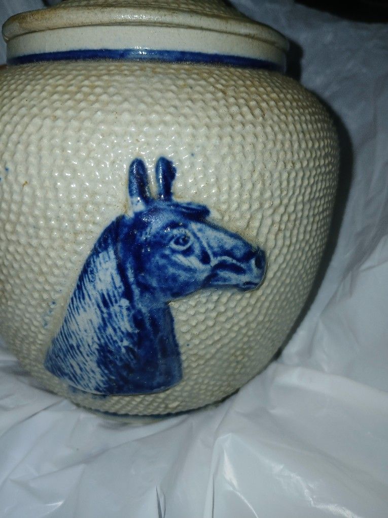 Rare Earthware Tabacco Jar By J.C Dill With Horse Cobalt Motif