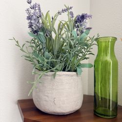 Faux lavender Plant In A Gray Cement Planter