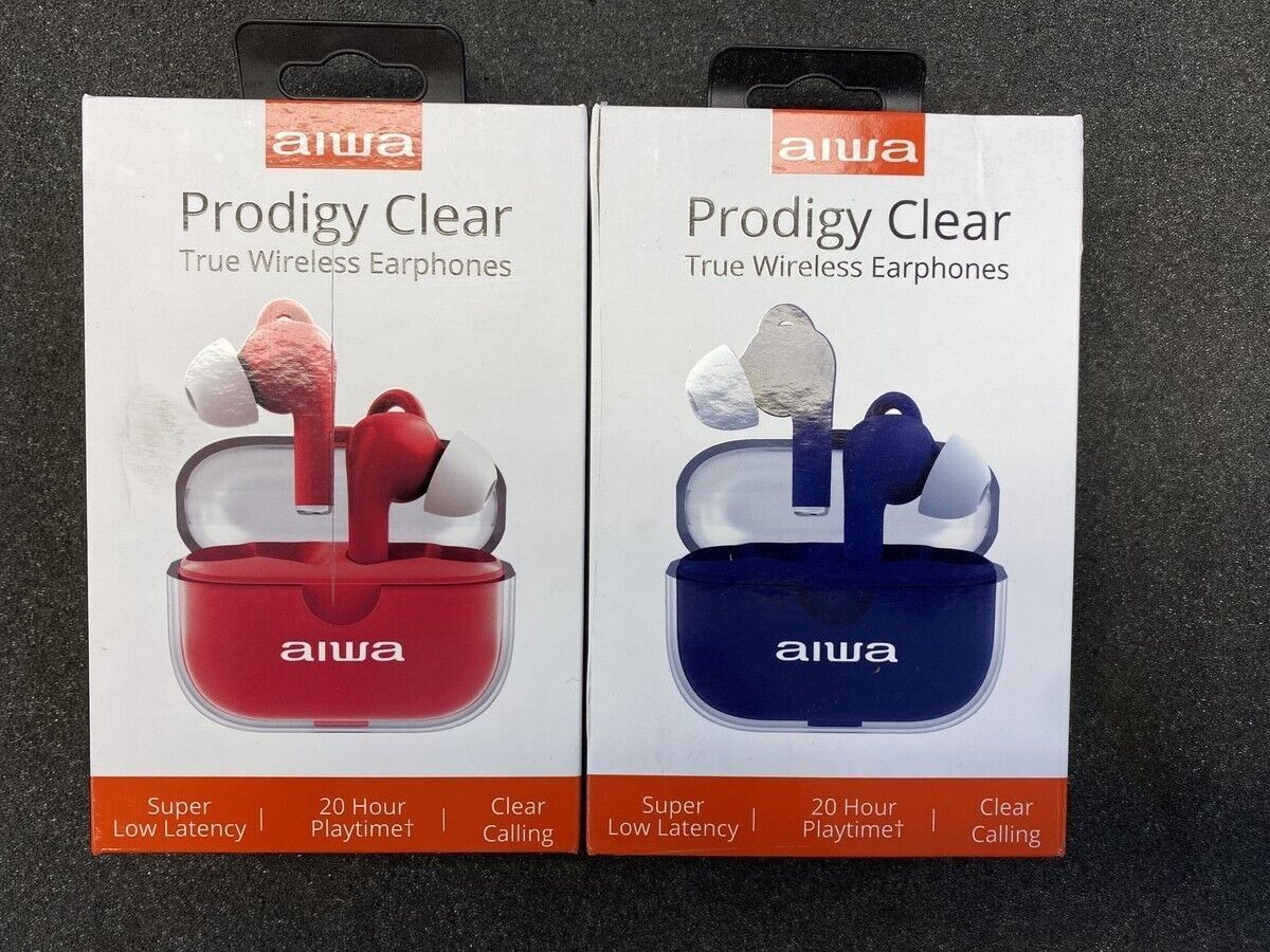 NEW LOT OF 2 AIWA PRODIGY CLEAR TRUE WIRELESS EARPHONES ASSORTED COLORS