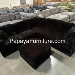 New! Plush Black Sectional Sofa And Ottoman, Sectionals, Sofa, Couch, Plush Sectional, High Back Couch, Sofas, Black Sectional, Black Sofa, Black Couc