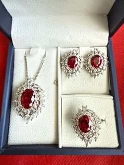 Inlaid natural ruby three piece set  platinum plated necklace earring ring