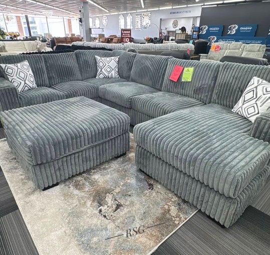 Take Home Pay Later Only $39 Down Payment 🌟 Lindyn Fog Gray Corduroy Fabric Oversized Huge Sectional Couch Set 🌟 Fast Delivery