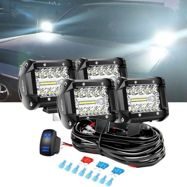 4Pcs 4 Inch LED Pods Light Triple Row Spot Flood Combo LED Bar Offroad Driving Fog Lamp 60W, with On/Off 5 Pin Rocker Switch Wiring Harness Kit-4 Lead