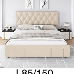 L85🔥Queen Size Bed Frame with Storage Drawers, Upholstered Platform Bed Frame with Adjustable Button Tufted Headboard, Mattress Foundation with Solid