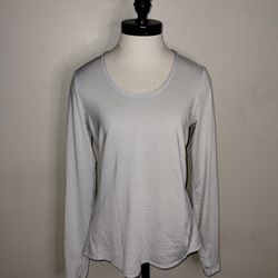 ATHLETA Women's Light Gray & White Striped  Athletic  Long Sleeve Shirt Size Med
