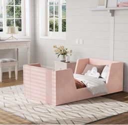 Pink Upholstered Toddler Bed Frame with Mattress
