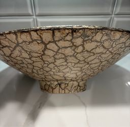 Haeger tan khaki grey crackle decorative bowl platter decoration