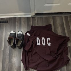 Official State Prison Issued Boots And DOC Prison Large Shirt. 