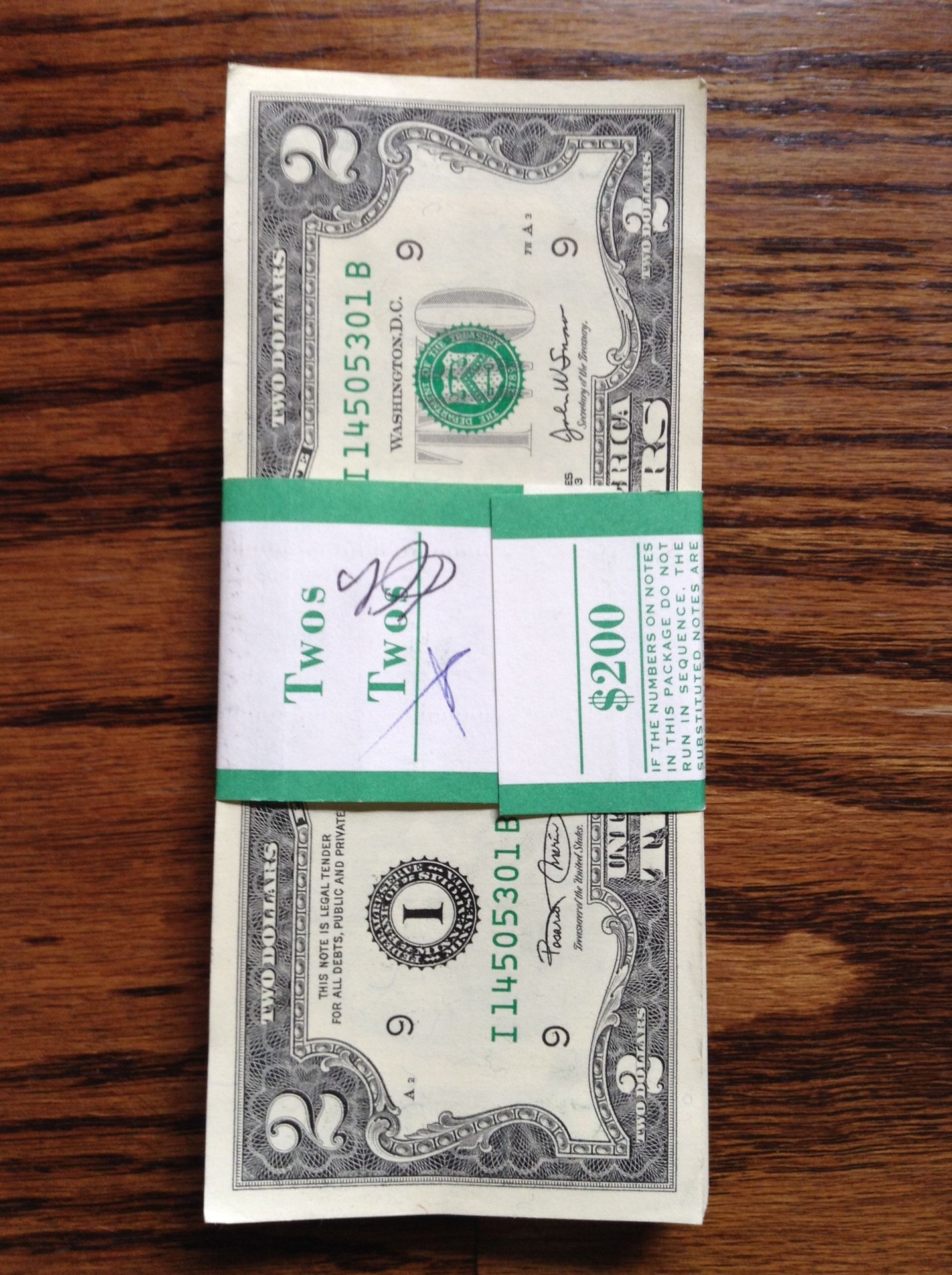 Year 2013 $2.00 stack 100 NEW BILLS $450.00 CASH, TEXT FOR PRICES.