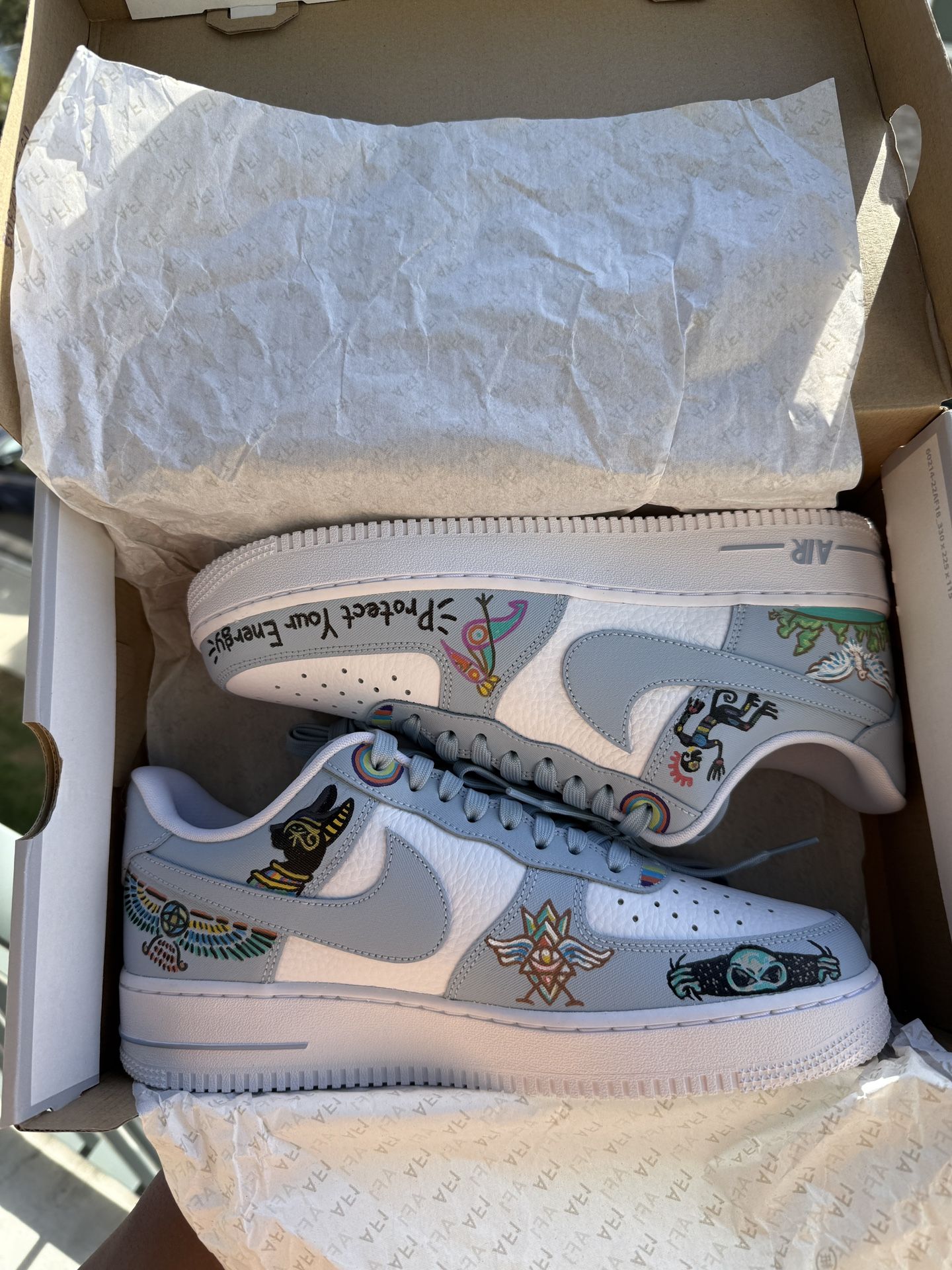 Custom Nike Air Force 1, Egyptian-themed design, crafted with premium leather. Size 9.5, one-of-a-kind.