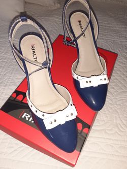 Rialto Navy &Whitr Leather 2" Heels, Ankle Straps Backless