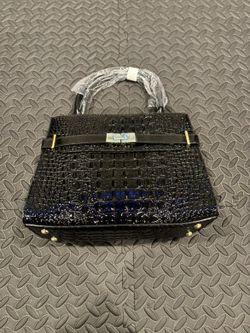 Black Croc-Embossed Structured Handbag