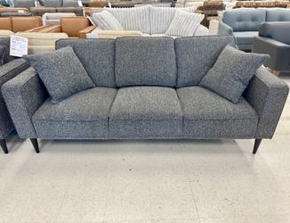 Mid Century Keaton Sofa, Love And Chair With Salt And Pepper Chenille Fabric