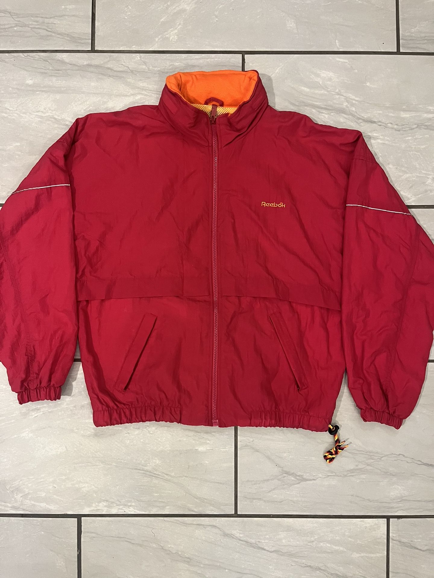 Vintage 90s Women Reebok Pink Sunset Orange Hooded Windbreaker Jacket Size L