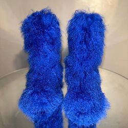 Blue Real Fur Shaggy Boots Size 8 