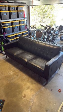 Modern Blue Leather Couch w/Brass Legs